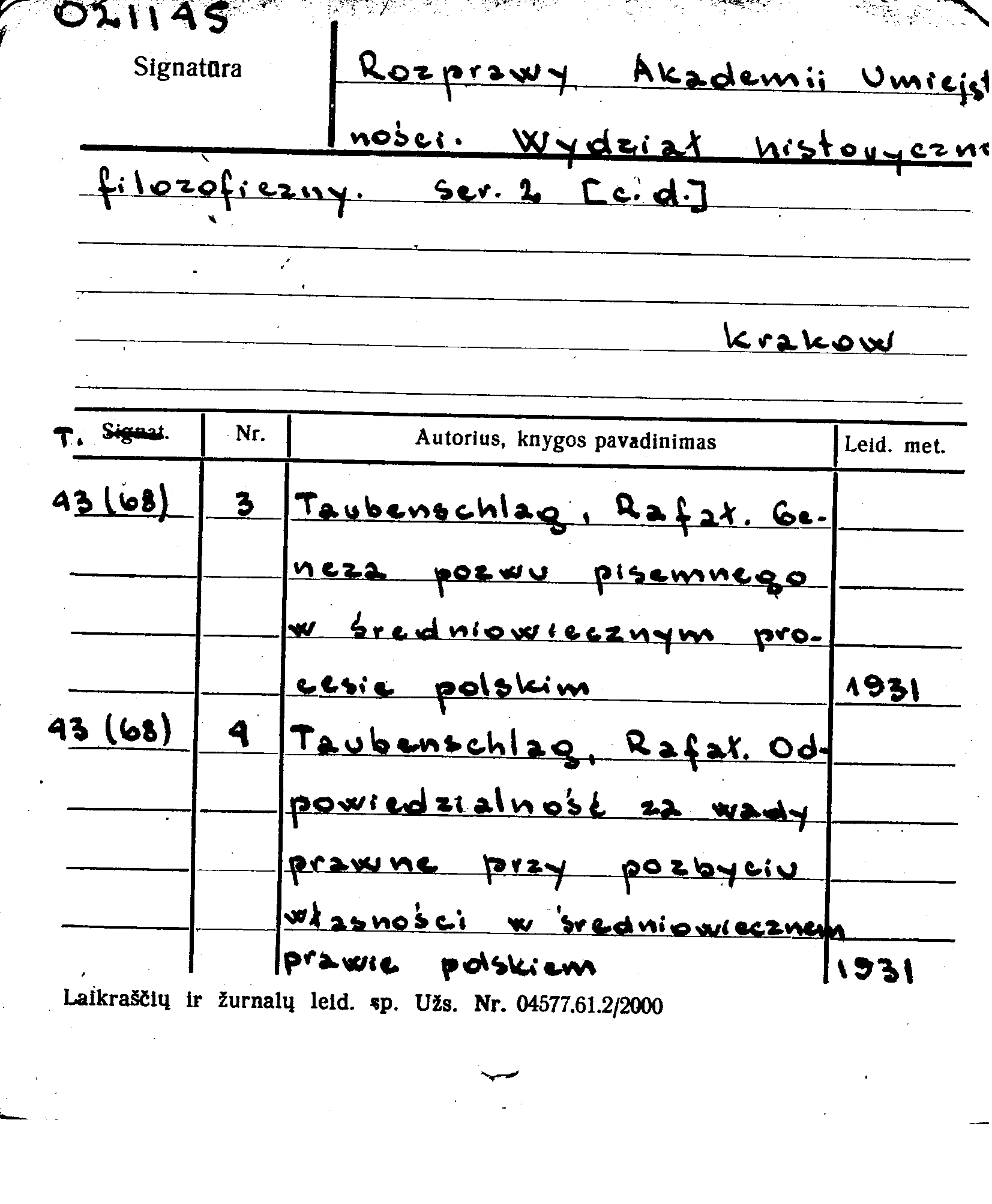 Vilnius University Library Scanned Card Catalogue Historical Catalogue Of Serials In Foreign Languages R Rozprawy